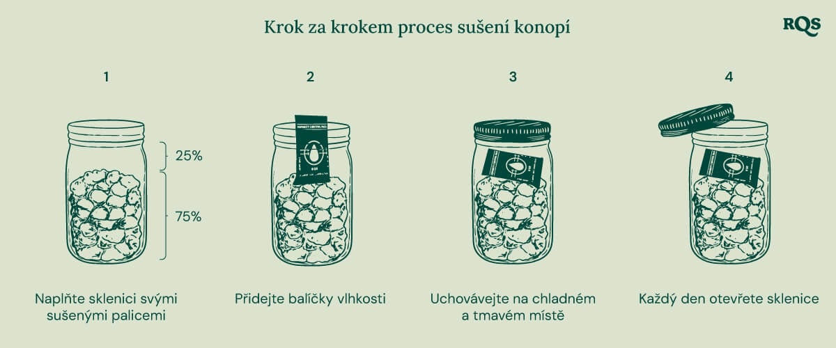 Proces Zrání Konopí Krok za Krokem Čtyřkrokový návod na správné zrání konopí. 1: Naplňte sklenici sušenými palicemi (75 %). 2: Přidejte balíčky s regulací vlhkosti. 3: Uchovávejte na chladném a tmavém místě. 4: Každý den otevřete sklenici pro větrání.